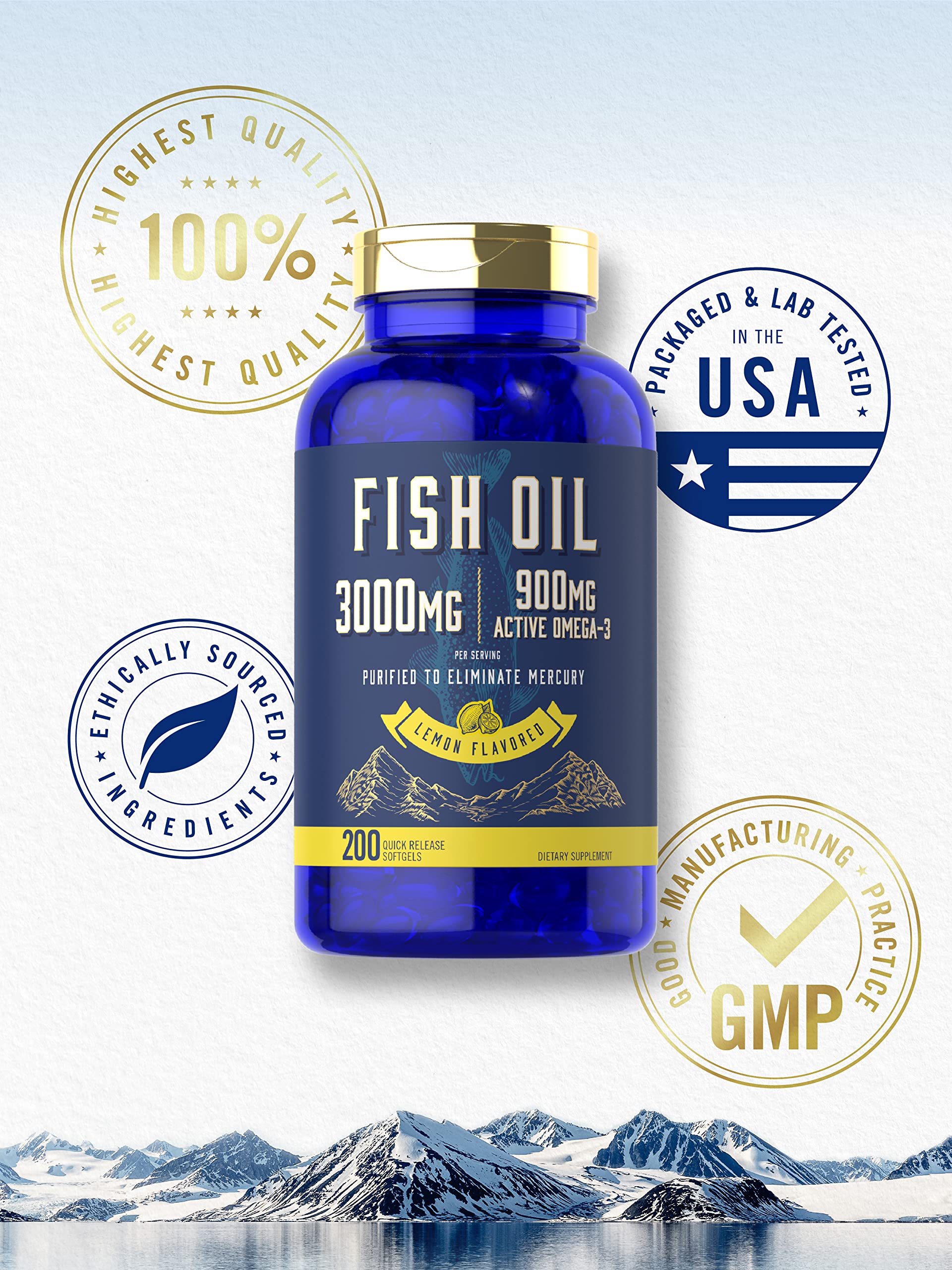 Carlyle Fish Oil 3000mg | 900mg Omega 3 | 200 Softgels | Lemon Flavor | Non-GMO and Gluten Free Supplement